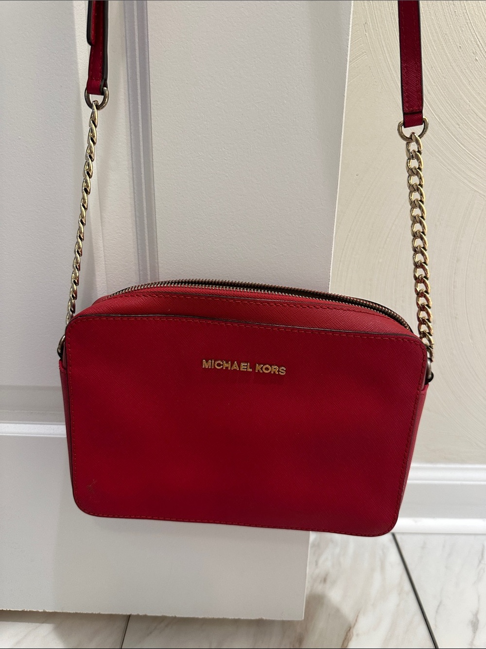 Michael Kors Red Saffiano Crossbody with Gold Chain Strap